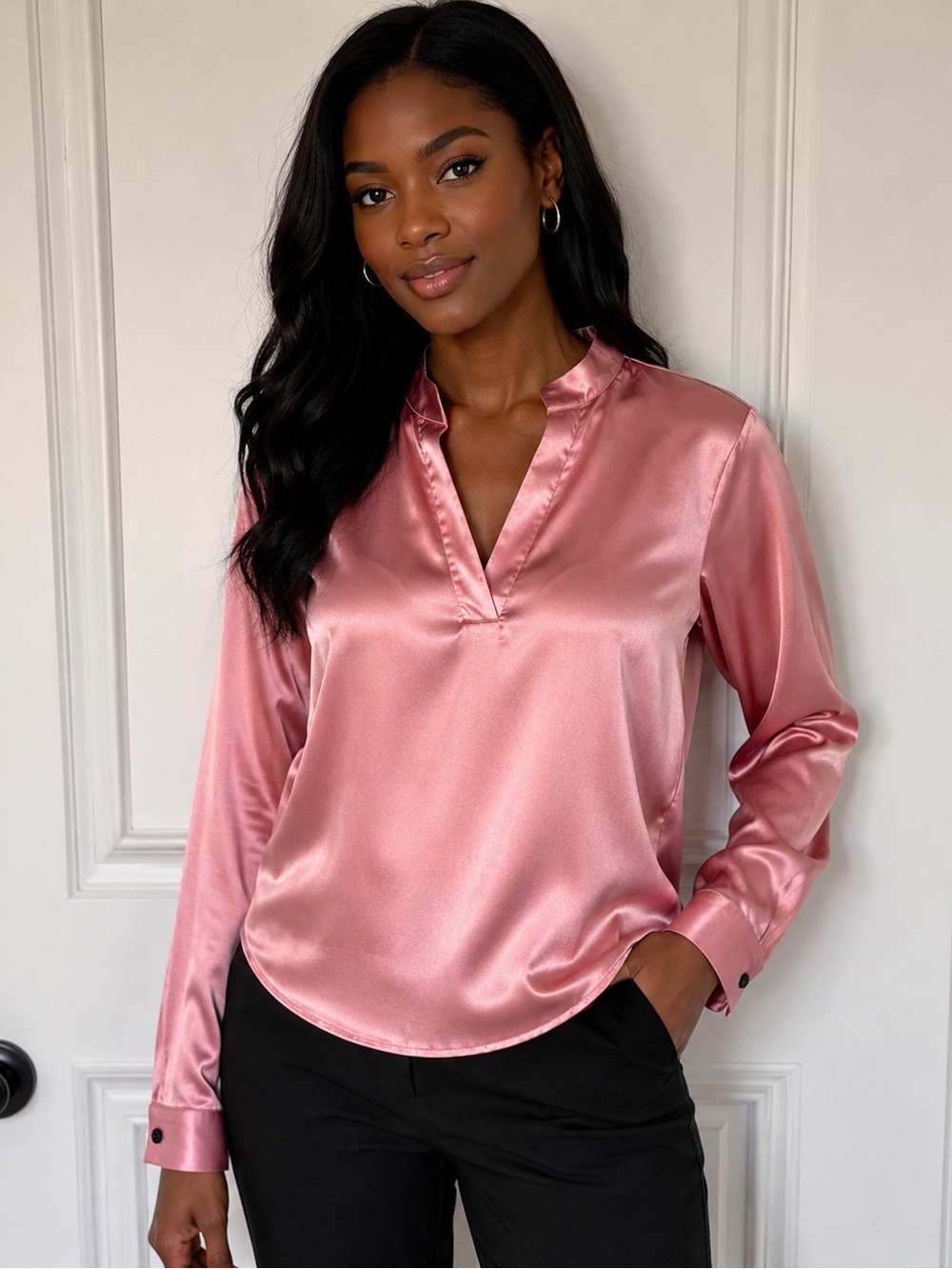 Satin V-Neck Long-Sleeve Blouse - Rose